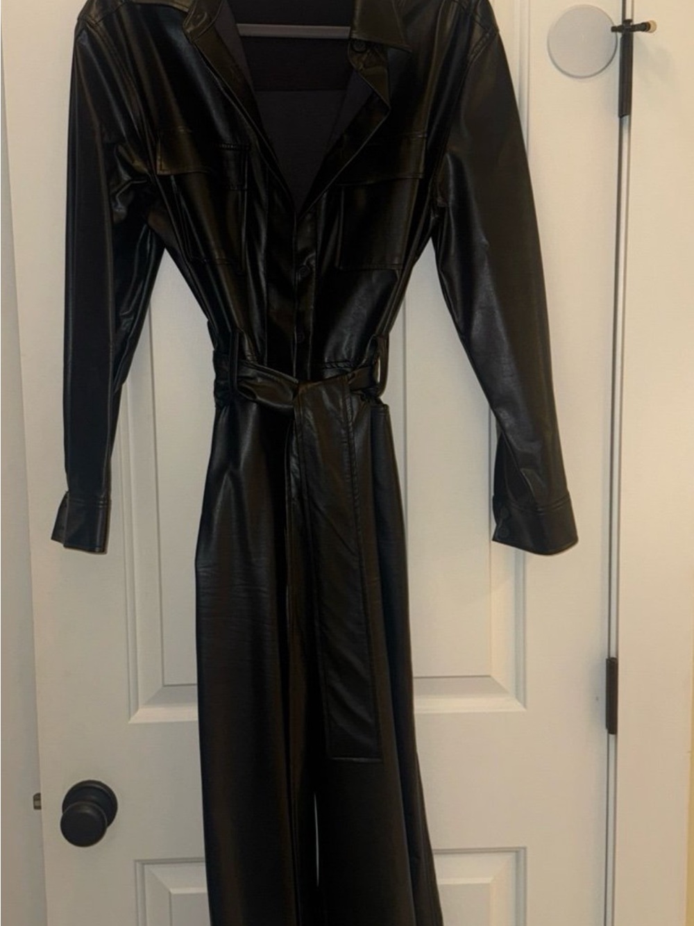 Urban Outfitters Black Faux Leather jumpsuit with Belted Waist
